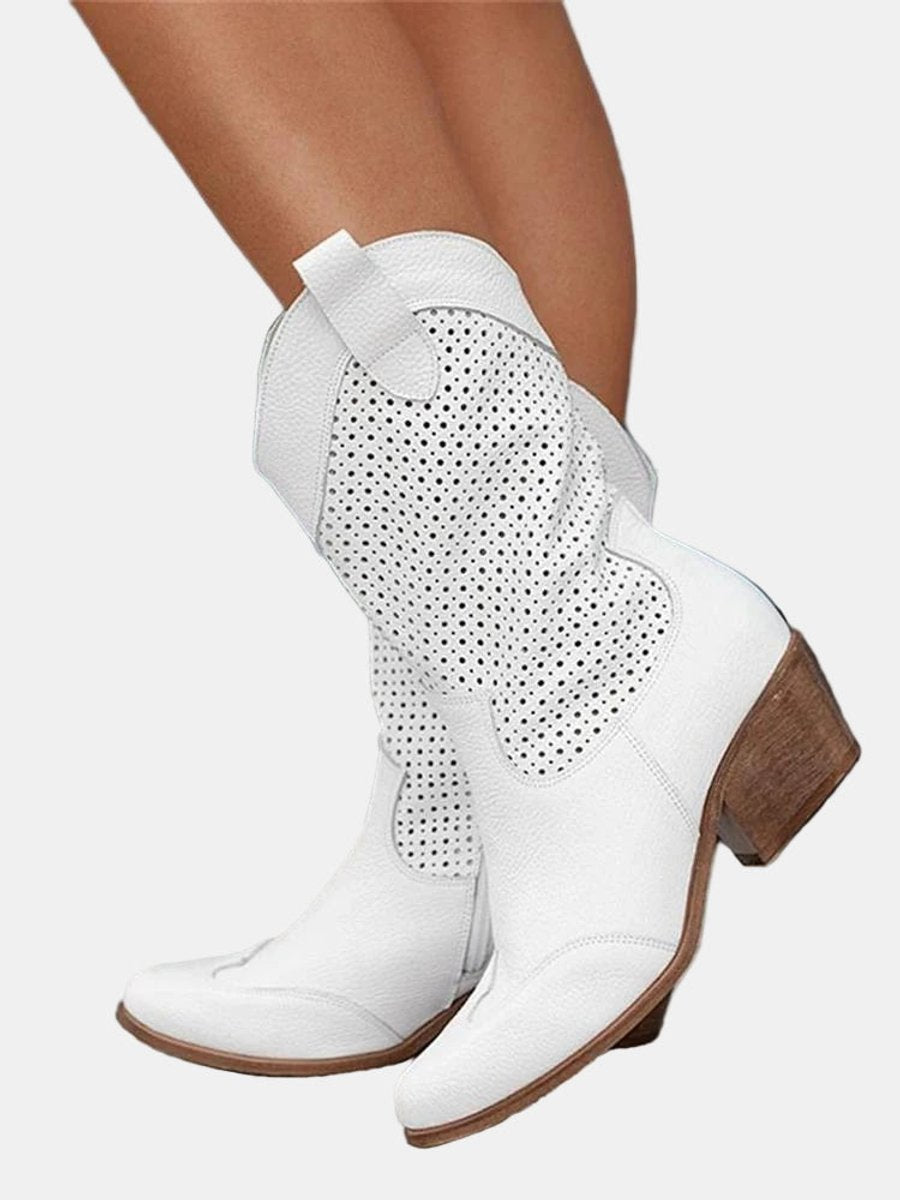 Clara | Women's Perforated Knee-High Boots with Block Heel in Suede Look