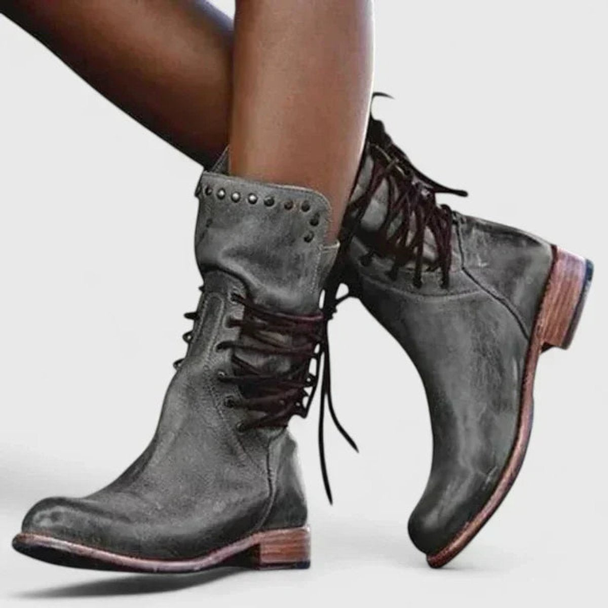 Elfriede | Women's Lace-Up Vintage Leather-Look Ankle Boots with Stud Detail