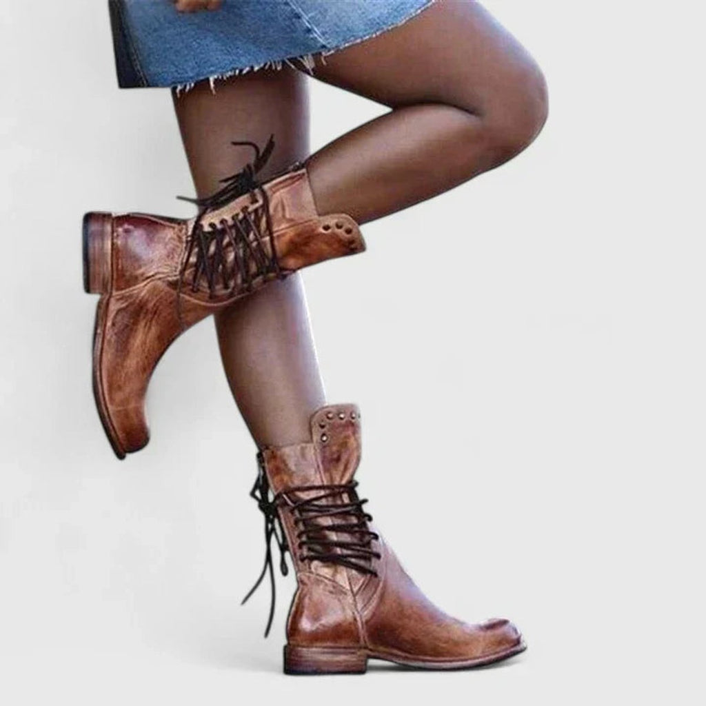 Elfriede | Women's Lace-Up Vintage Leather-Look Ankle Boots with Stud Detail