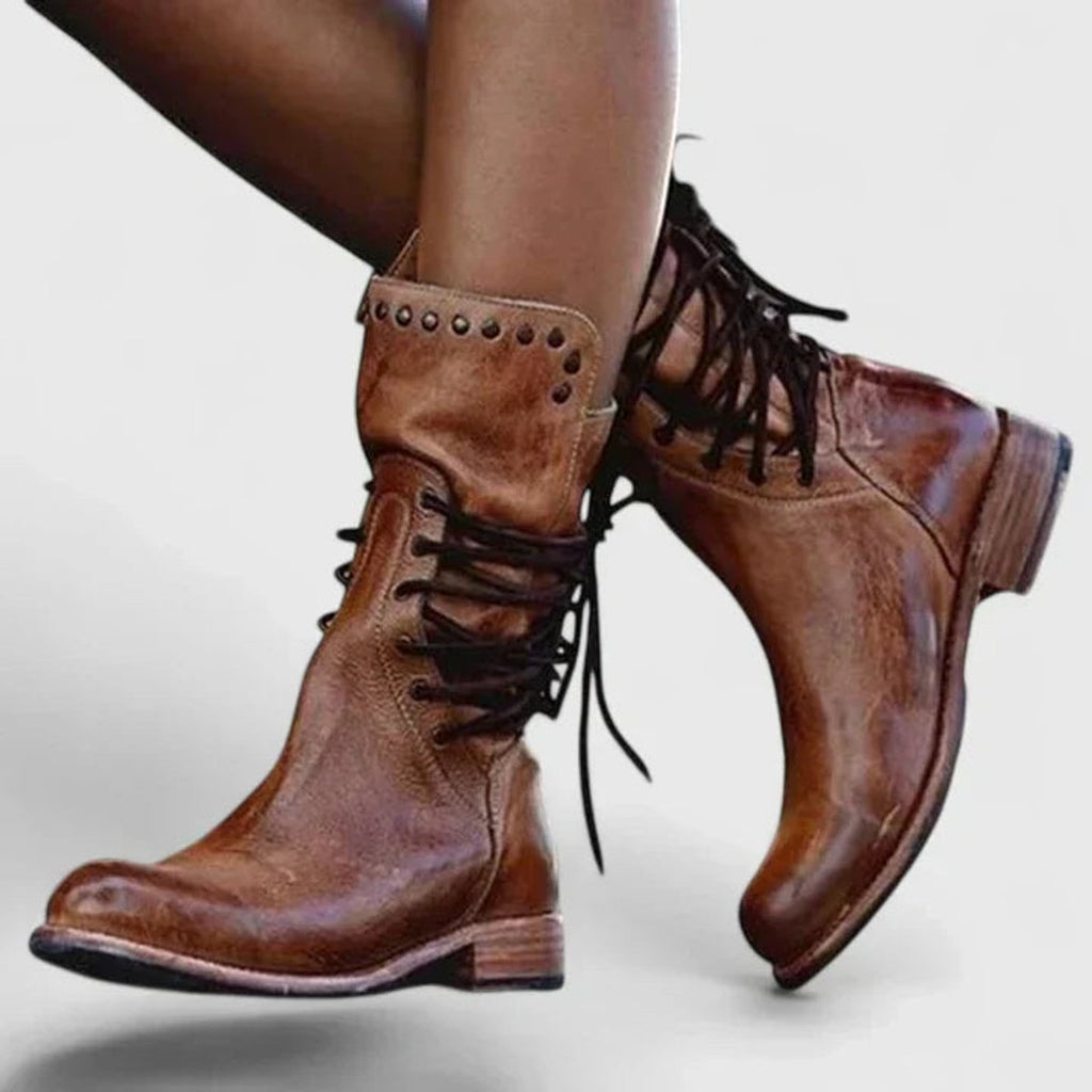Elfriede | Women's Lace-Up Vintage Leather-Look Ankle Boots with Stud Detail