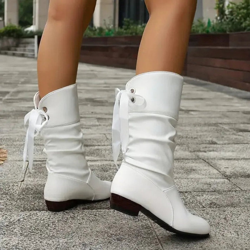 Marie | Women's Calf-High Lace-Up Ankle Boots with Block Heel in Faux Leather