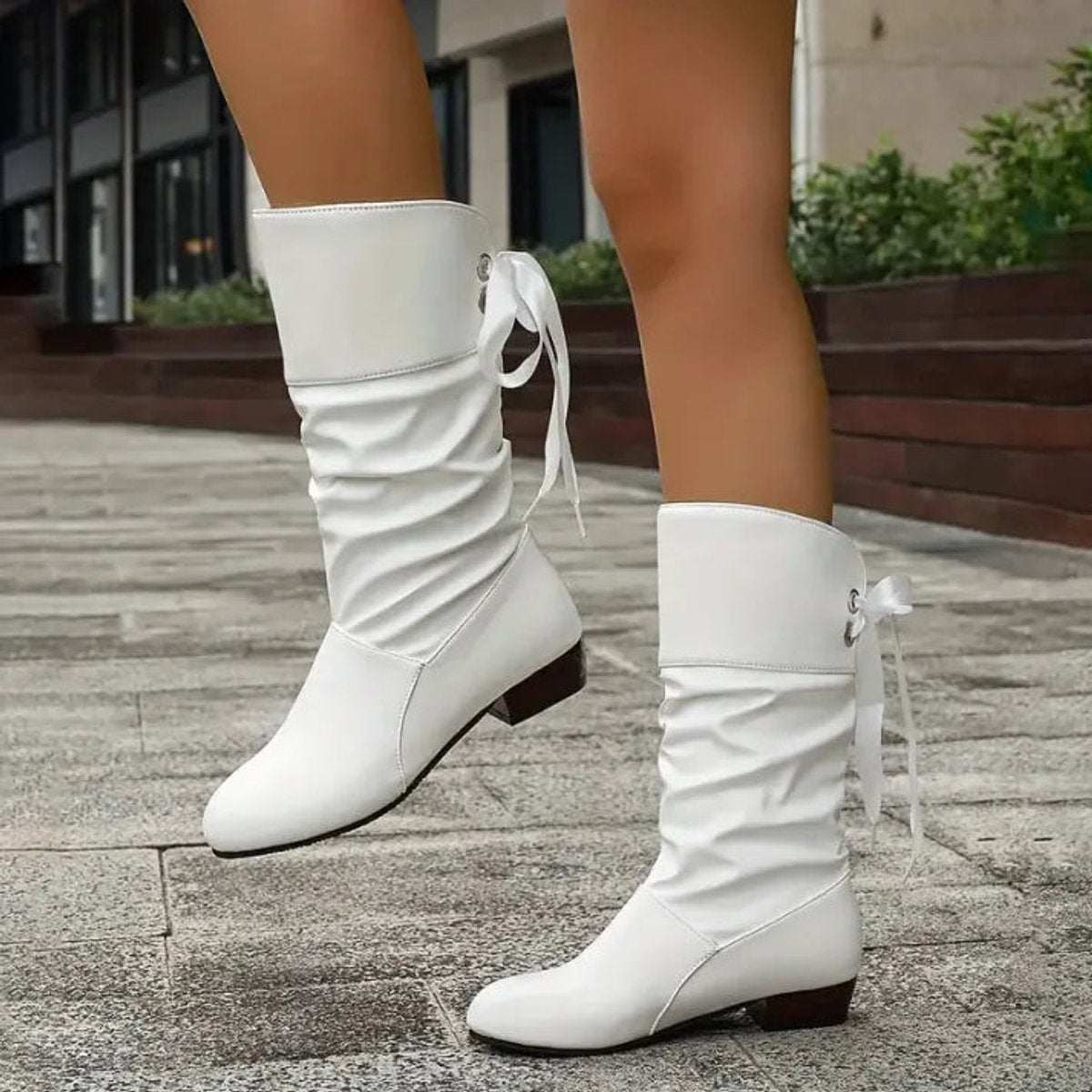 Marie | Women's Calf-High Lace-Up Ankle Boots with Block Heel in Faux Leather