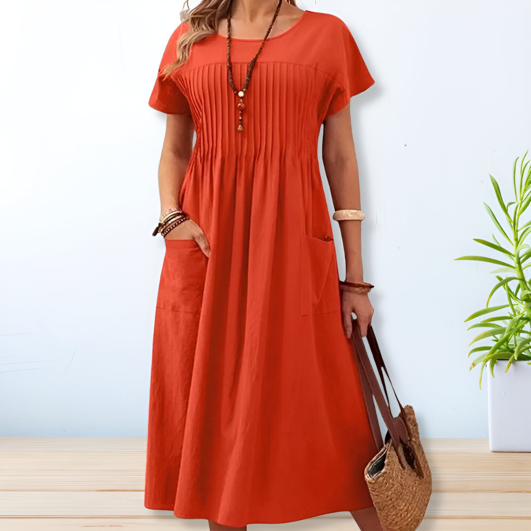 Ladies A-Line Midi Dress with Short Sleeves