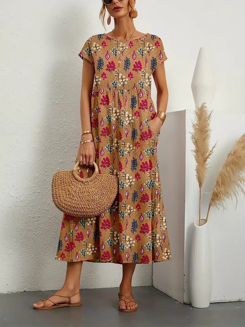 Ladies' Floral A-Line Midi Dress with Pockets