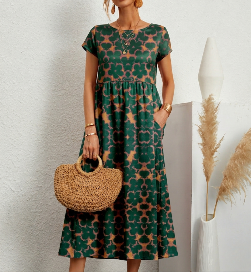 Ladies' Floral A-Line Midi Dress with Pockets