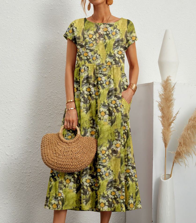 Ladies' Floral A-Line Midi Dress with Pockets