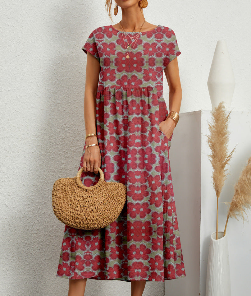 Ladies' Floral A-Line Midi Dress with Pockets