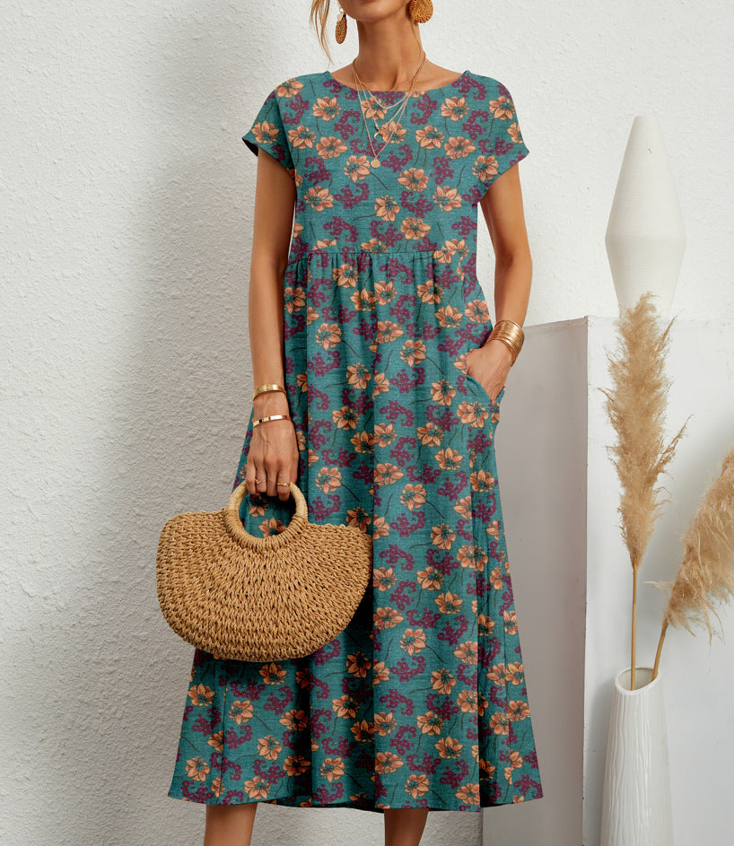 Ladies' Floral A-Line Midi Dress with Pockets