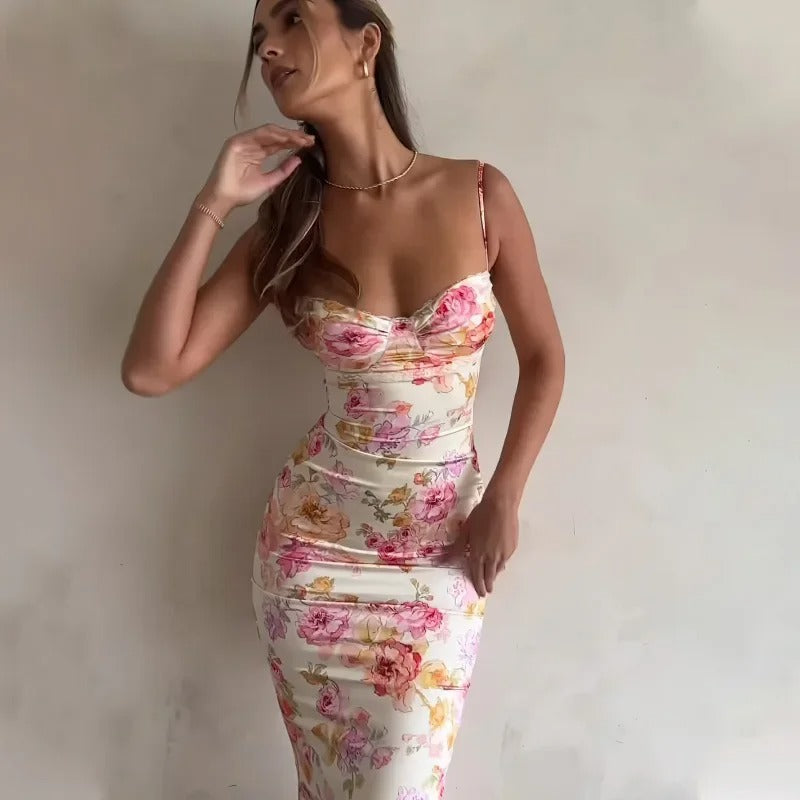 Ladies Floral Bodycon Midi Dress