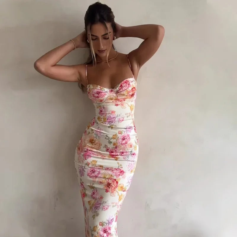 Ladies Floral Bodycon Midi Dress