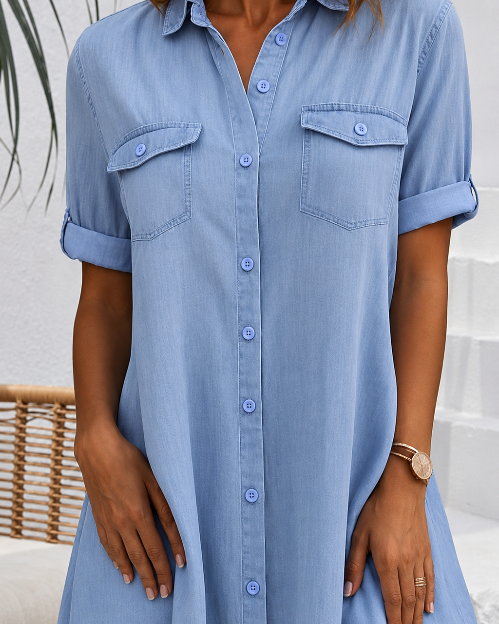 Women's Denim Shirt Dress with Button Placket