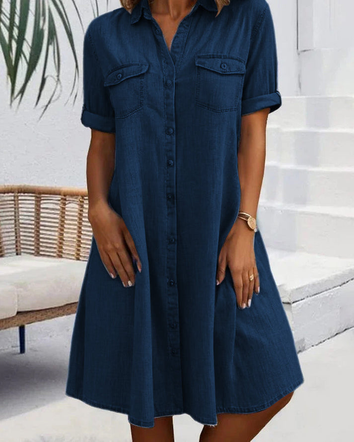 Women's Denim Shirt Dress with Button Placket