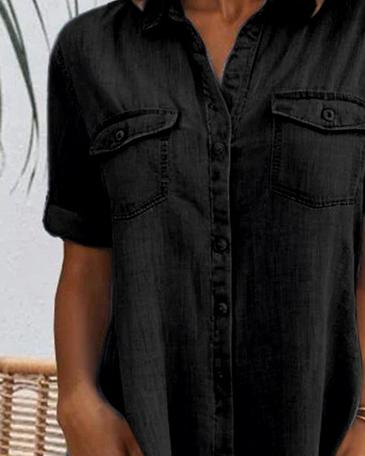 Women's Denim Shirt Dress with Button Placket