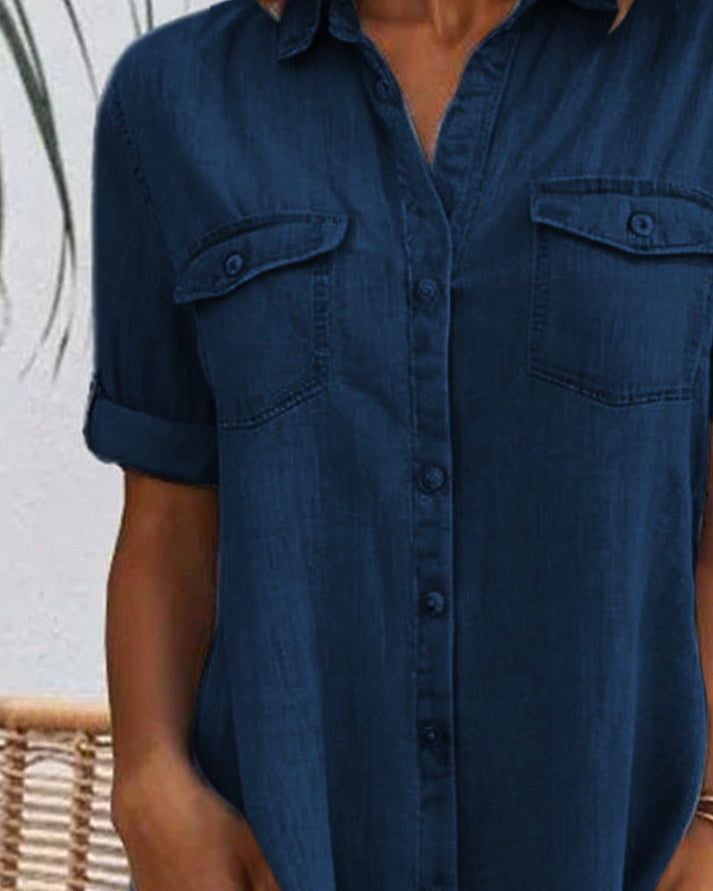 Women's Denim Shirt Dress with Button Placket