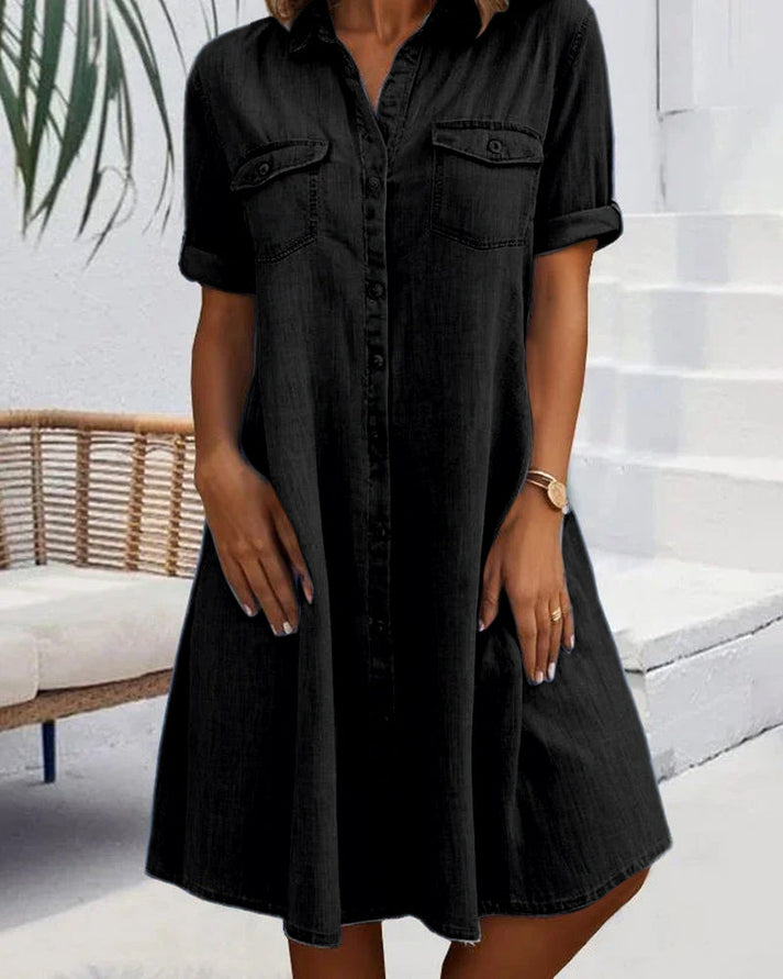 Women's Denim Shirt Dress with Button Placket