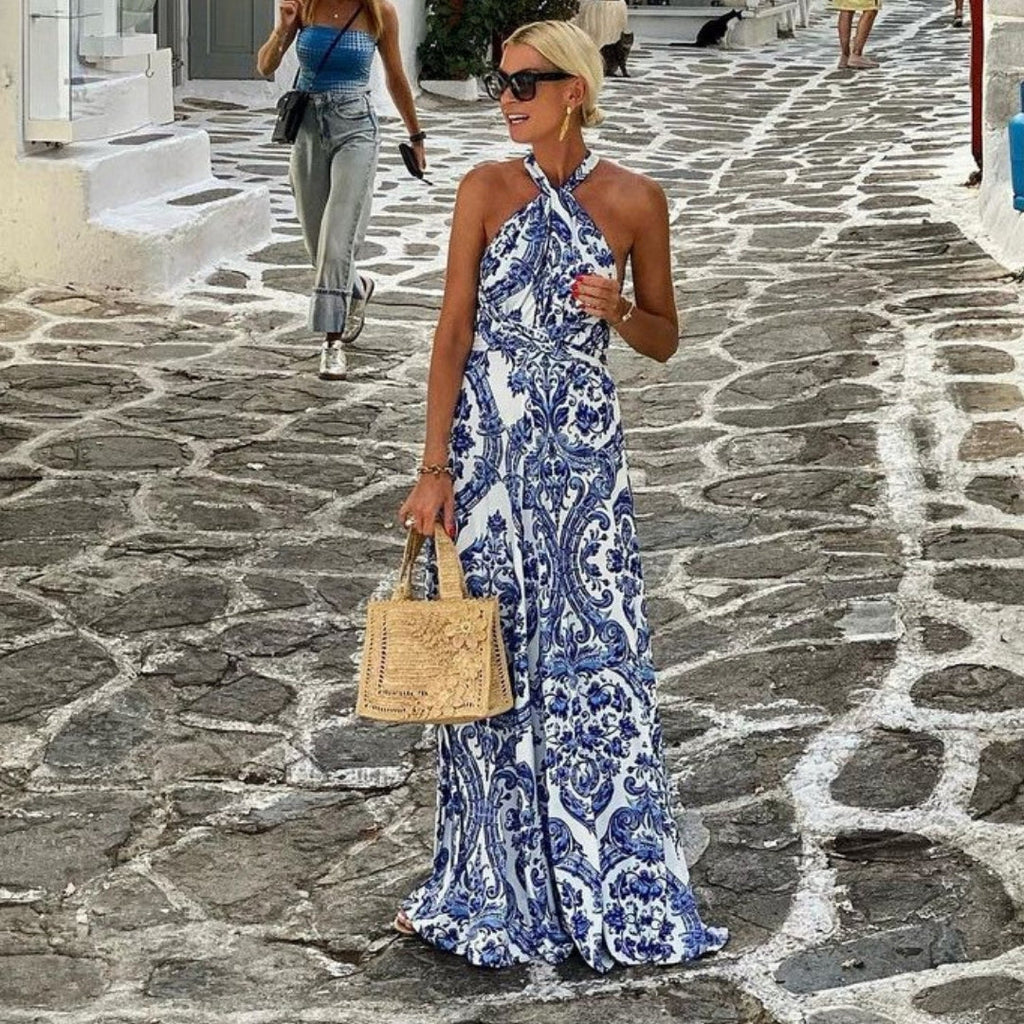 Ladies' Halter Maxi Dress with Floral Print