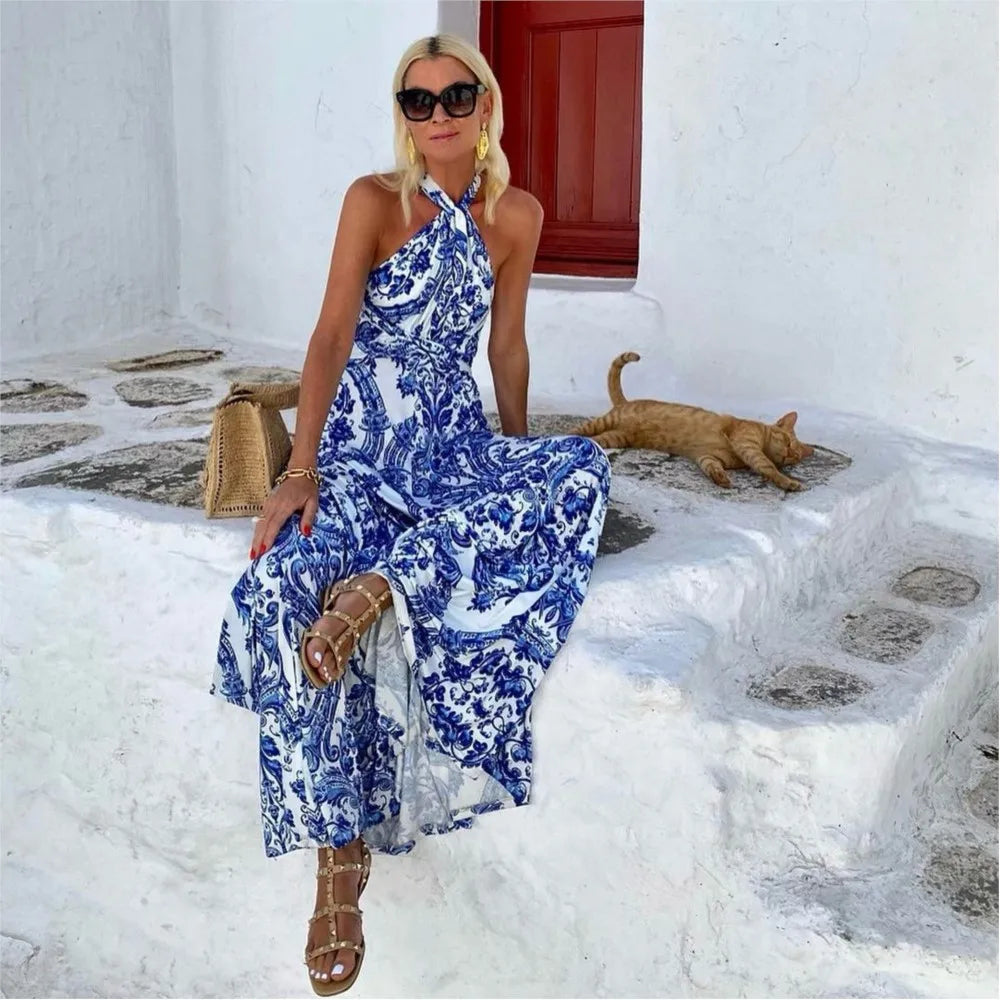 Ladies' Halter Maxi Dress with Floral Print