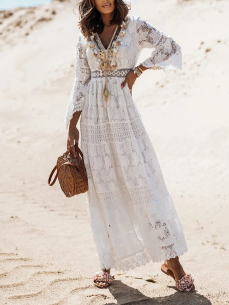 Ladies' Maxi Dress with Long Sleeves and Lace