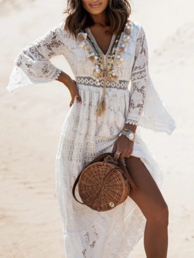 Ladies' Maxi Dress with Long Sleeves and Lace