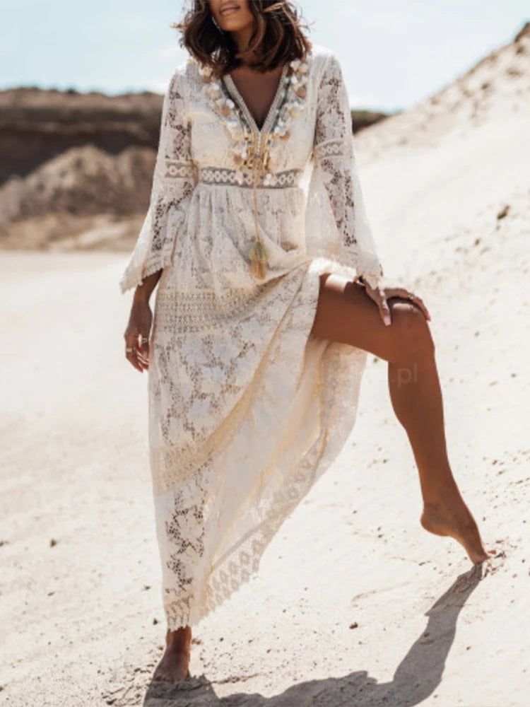 Ladies' Maxi Dress with Long Sleeves and Lace