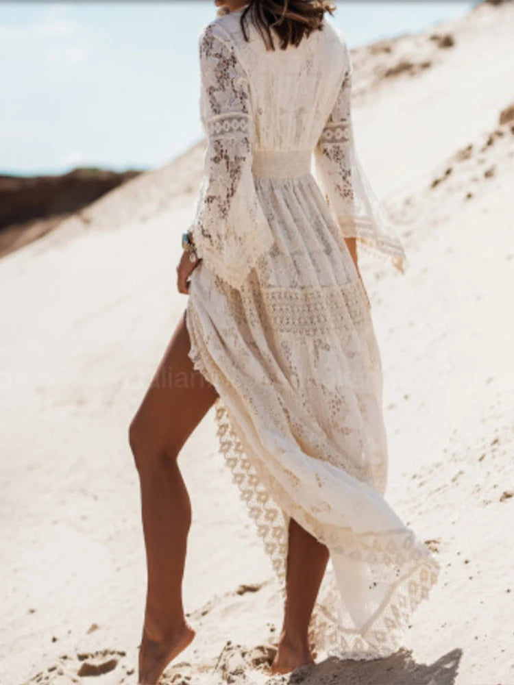 Ladies' Maxi Dress with Long Sleeves and Lace