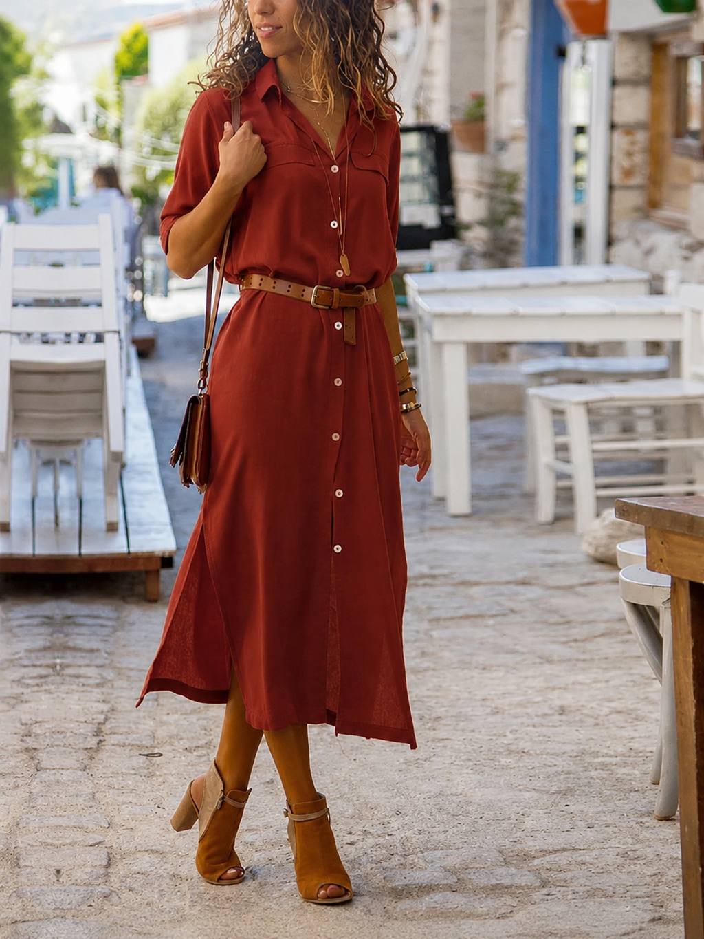 Ladies' Midi Shirt Dress with Belt