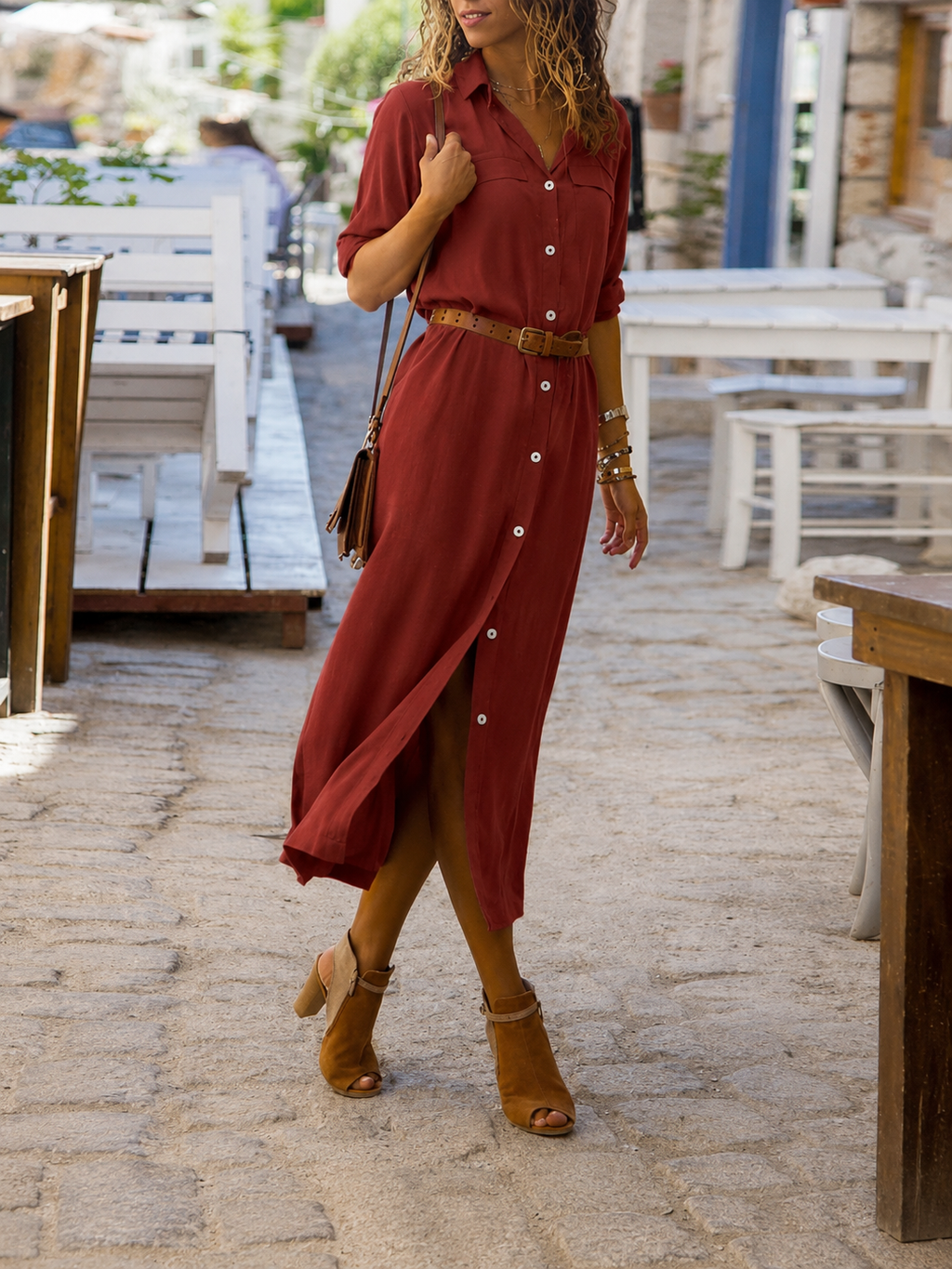 Ladies' Midi Shirt Dress with Belt