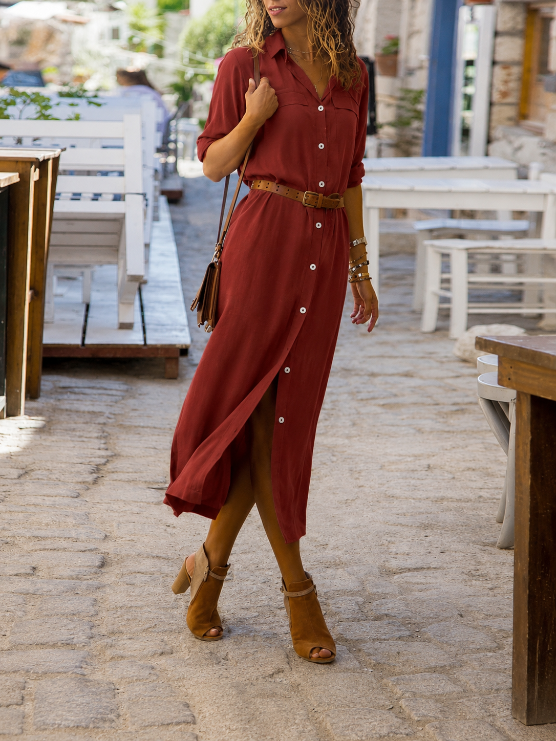 Ladies' Midi Shirt Dress with Belt