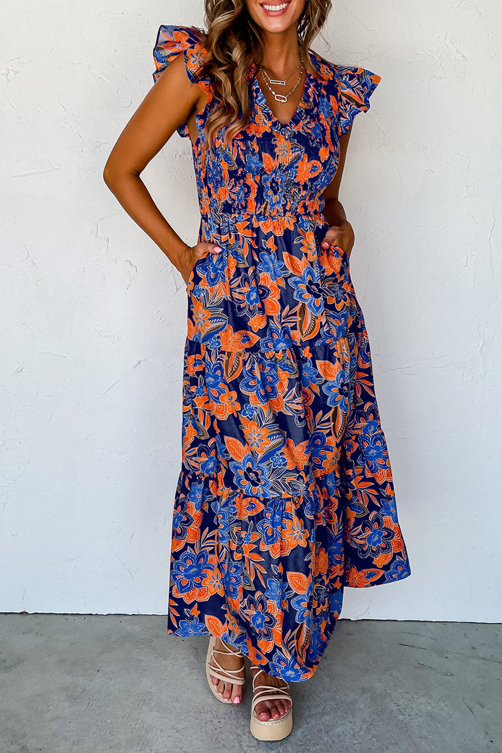 Ladies Smocked Floral Summer Maxi Dress