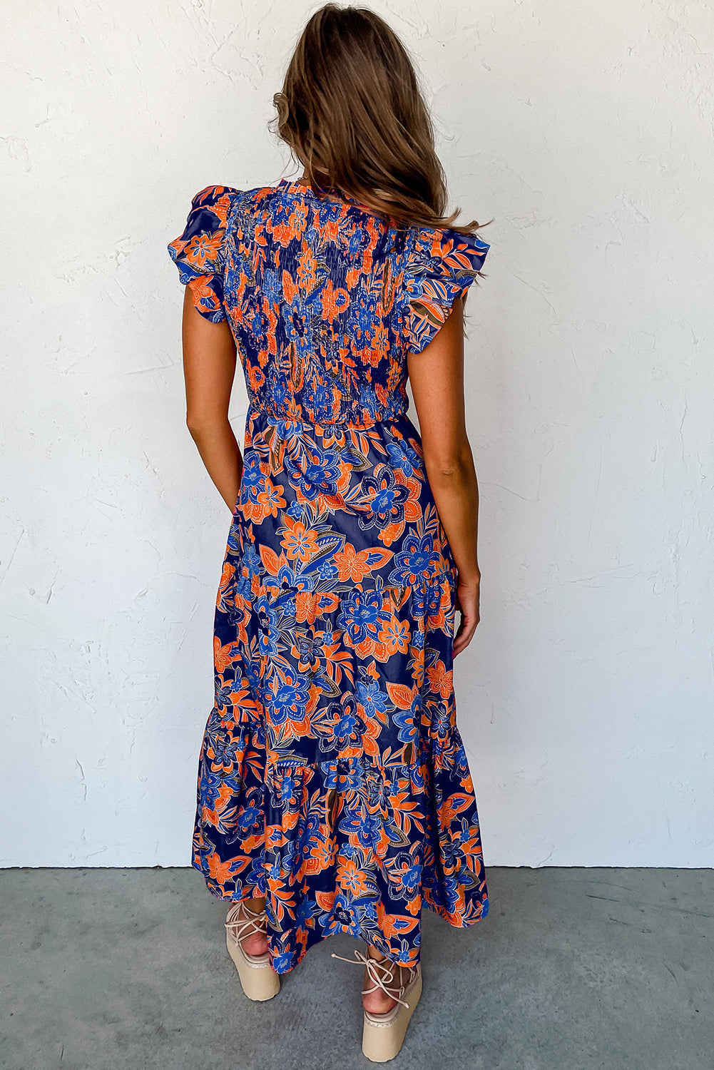 Ladies Smocked Floral Summer Maxi Dress