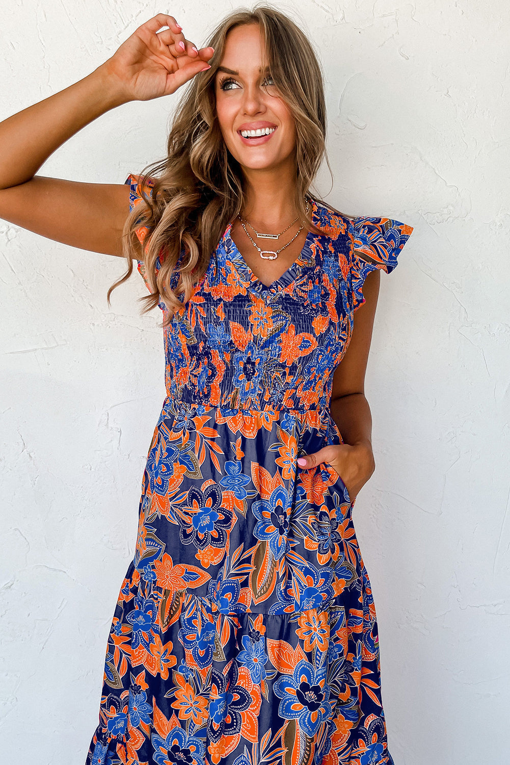 Ladies Smocked Floral Summer Maxi Dress