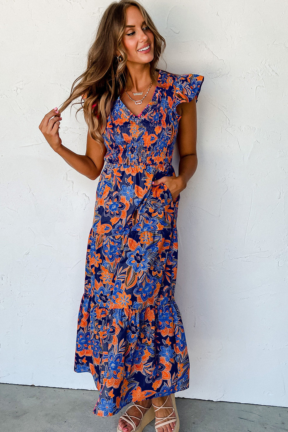 Ladies Smocked Floral Summer Maxi Dress