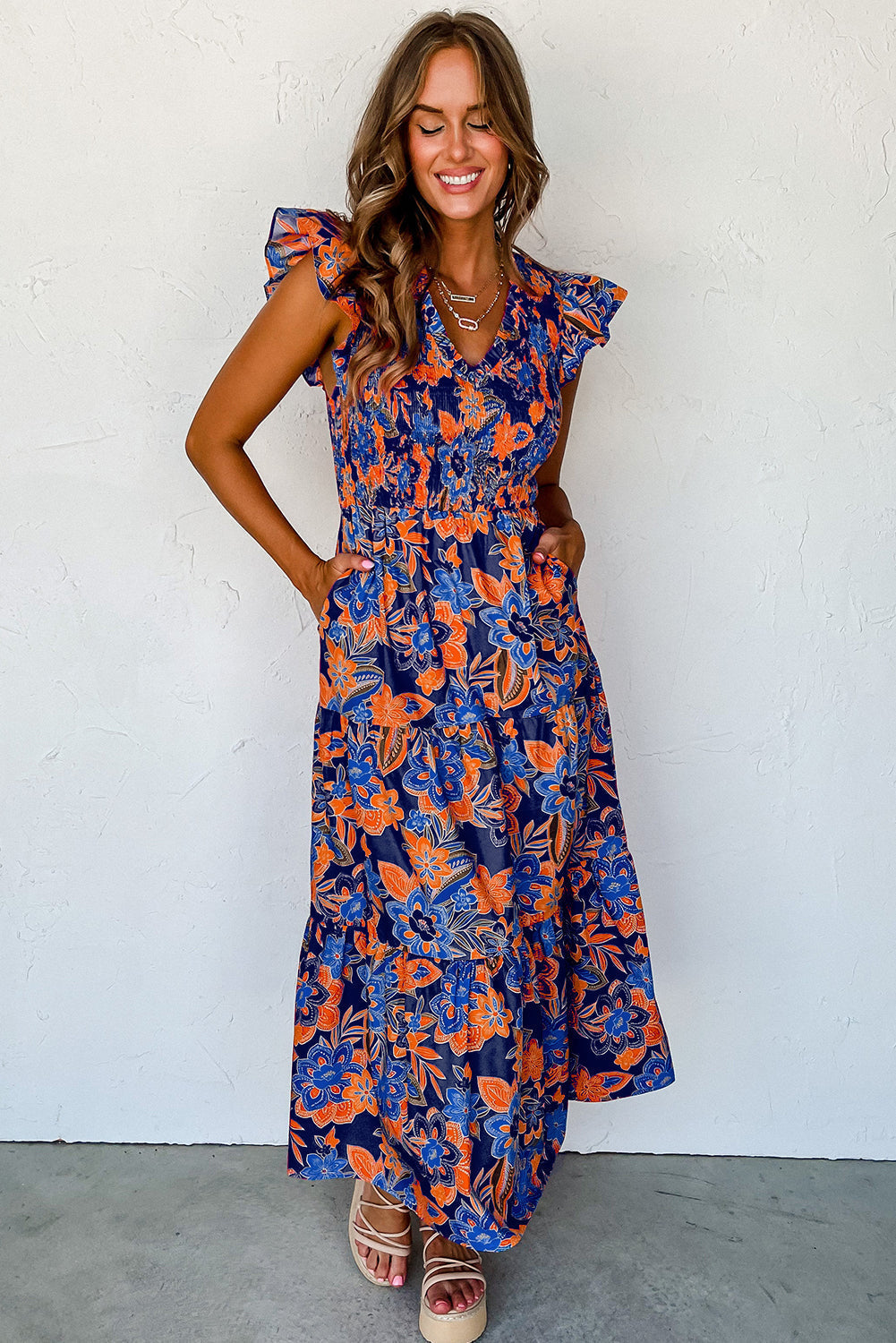 Ladies Smocked Floral Summer Maxi Dress
