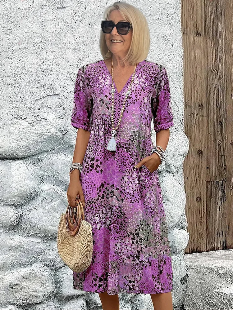 Women's V-Neck A-Line Midi Print Dress