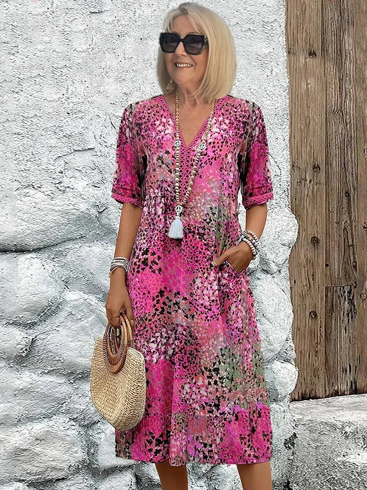 Women's V-Neck A-Line Midi Print Dress