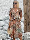 Women's V-Neck A-Line Midi Print Dress