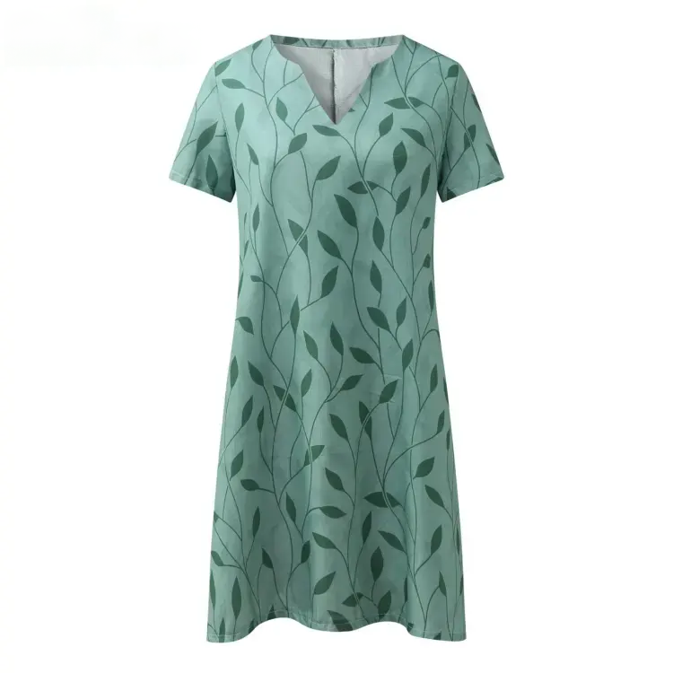 Ladies V-Neck Leaf Print A-Line Knee-Length Dress