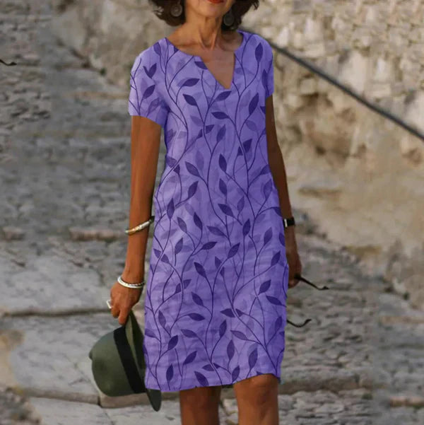 Ladies V-Neck Leaf Print A-Line Knee-Length Dress