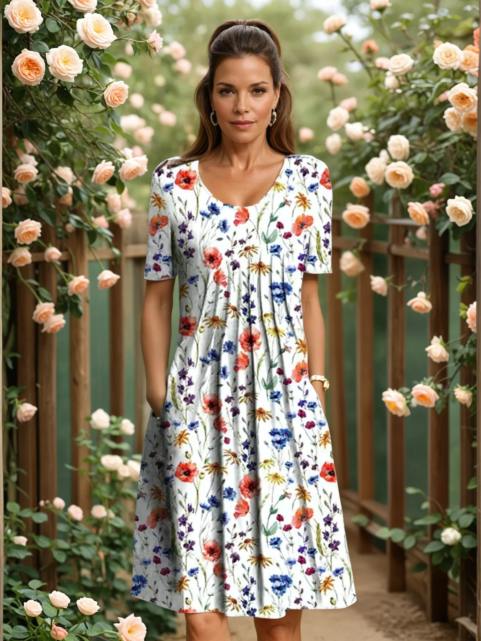 Women's V-Neck Floral A-Line Midi Dress