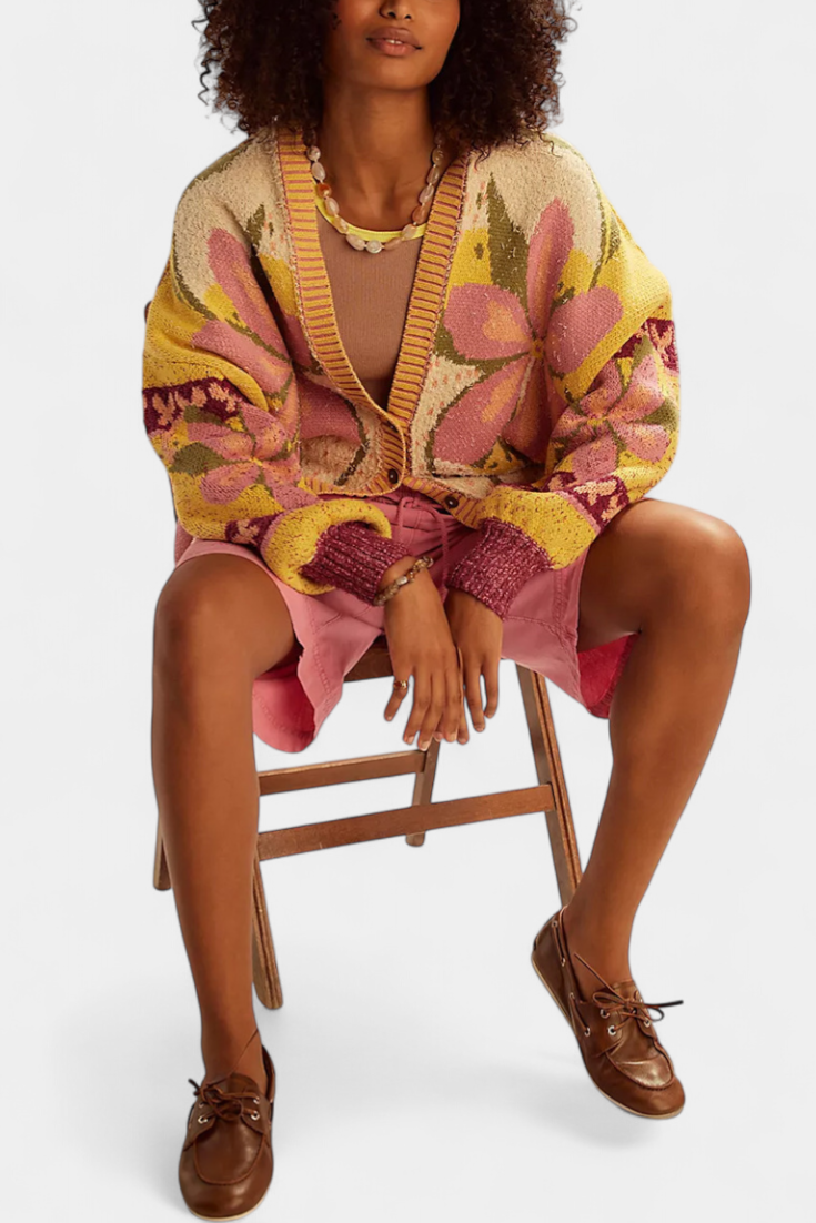 Casey Floral Pattern Knit Cardigan with Loose Fit