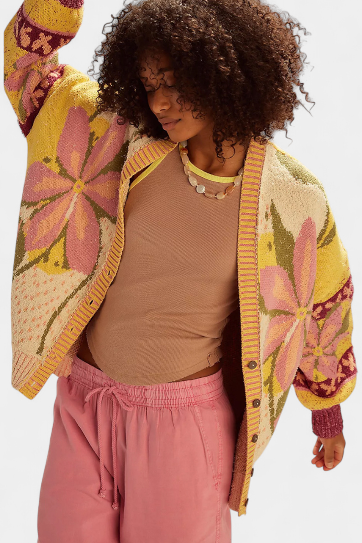 Casey Floral Pattern Knit Cardigan with Loose Fit