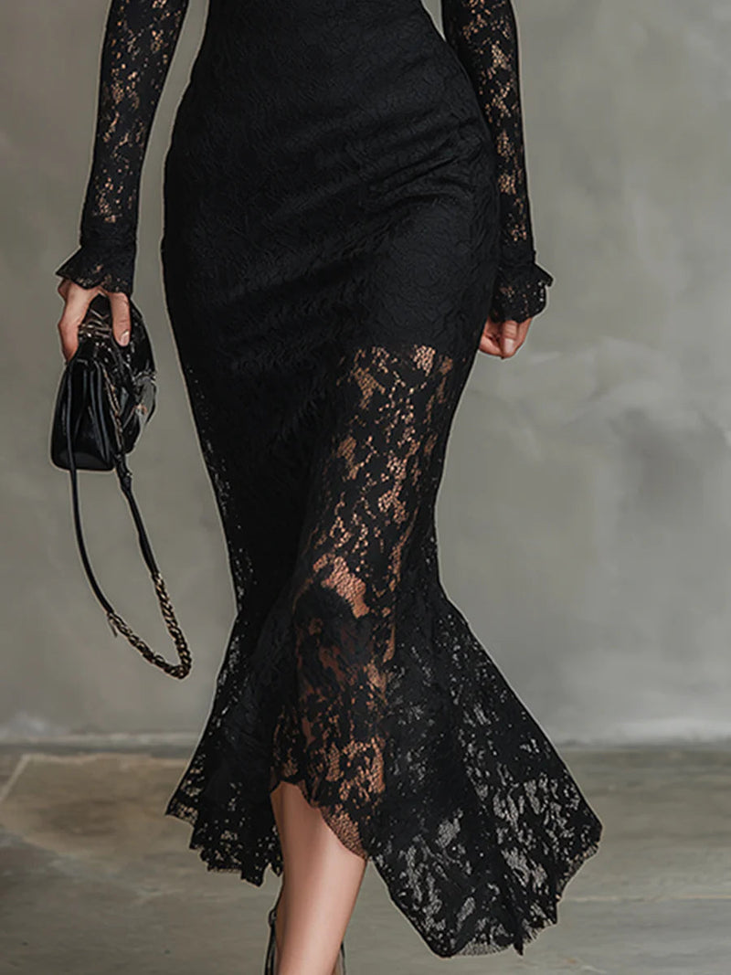 Ladies Long Sleeve Lace Bodycon Midi Dress
