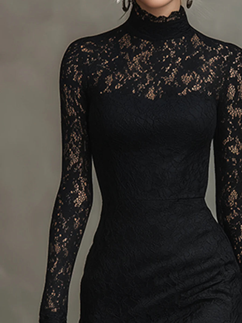 Ladies Long Sleeve Lace Bodycon Midi Dress