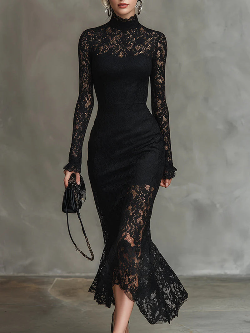 Ladies Long Sleeve Lace Bodycon Midi Dress