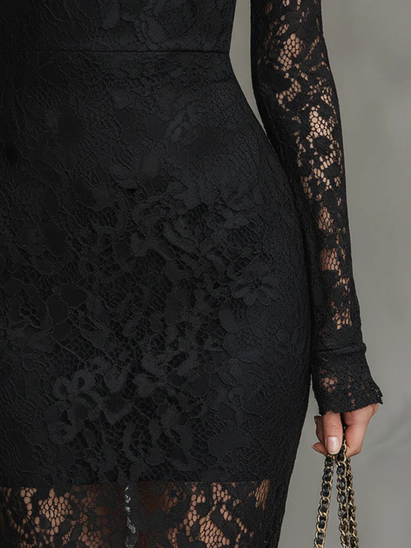 Ladies Long Sleeve Lace Bodycon Midi Dress