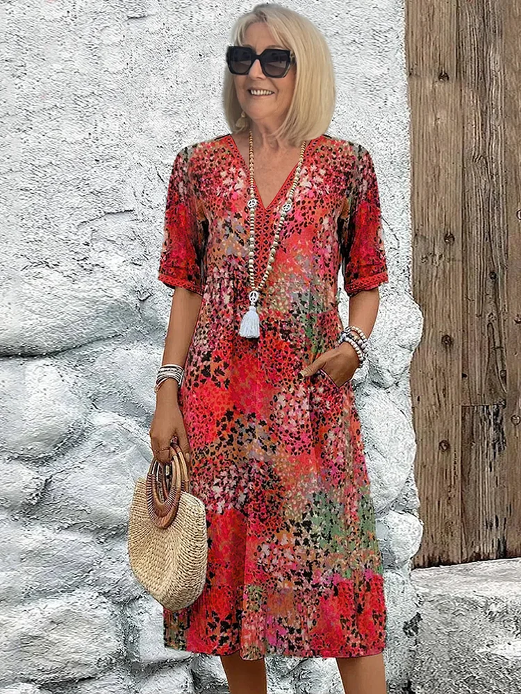 Ladies A-Line Midi Dress with Print