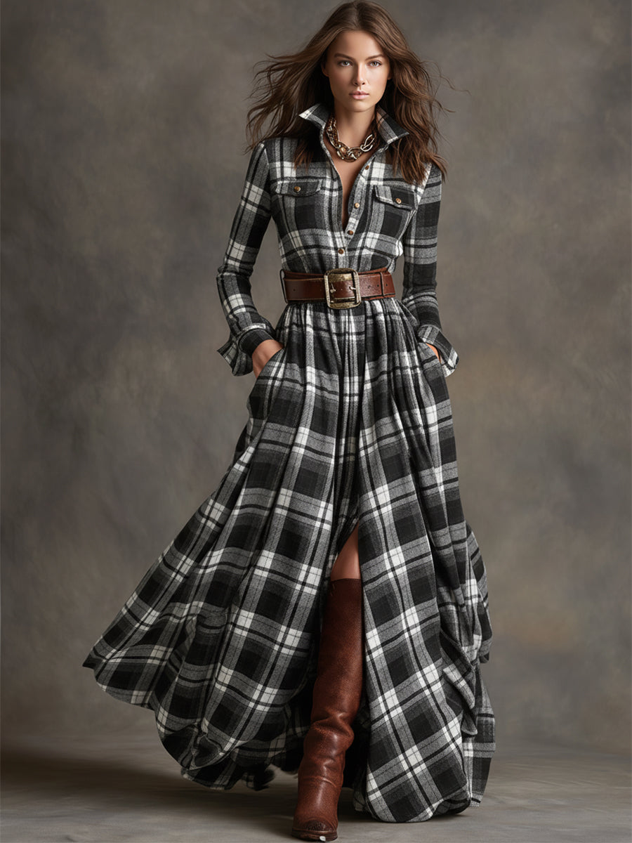 Women's Checked Maxi Dress with Buttons
