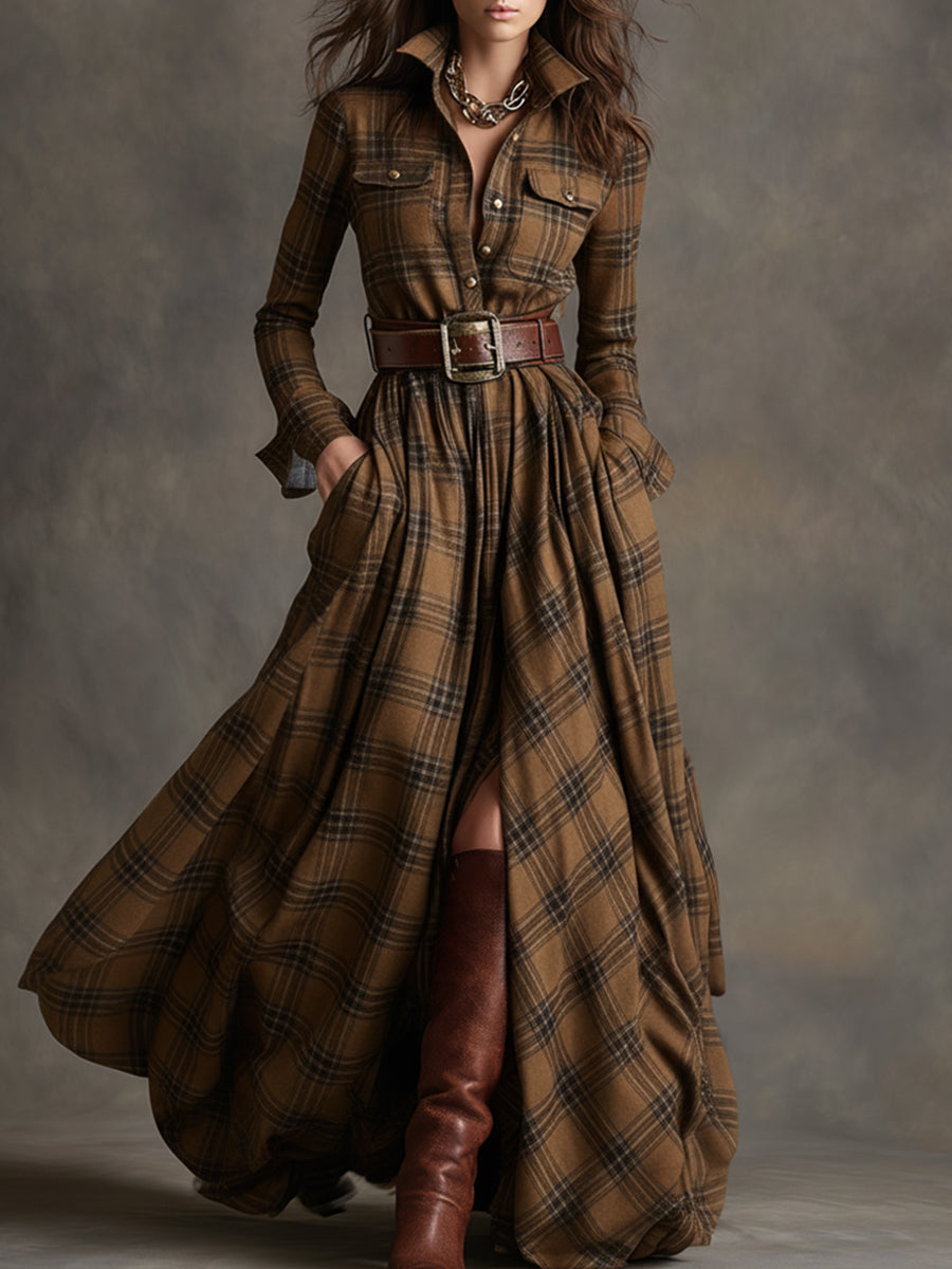 Women's Checked Maxi Dress with Buttons