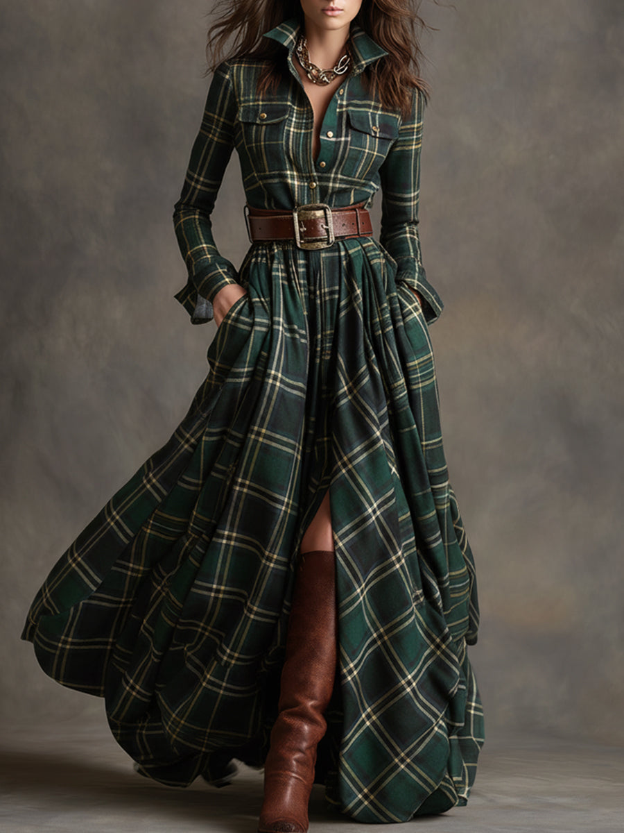 Women's Checked Maxi Dress with Buttons