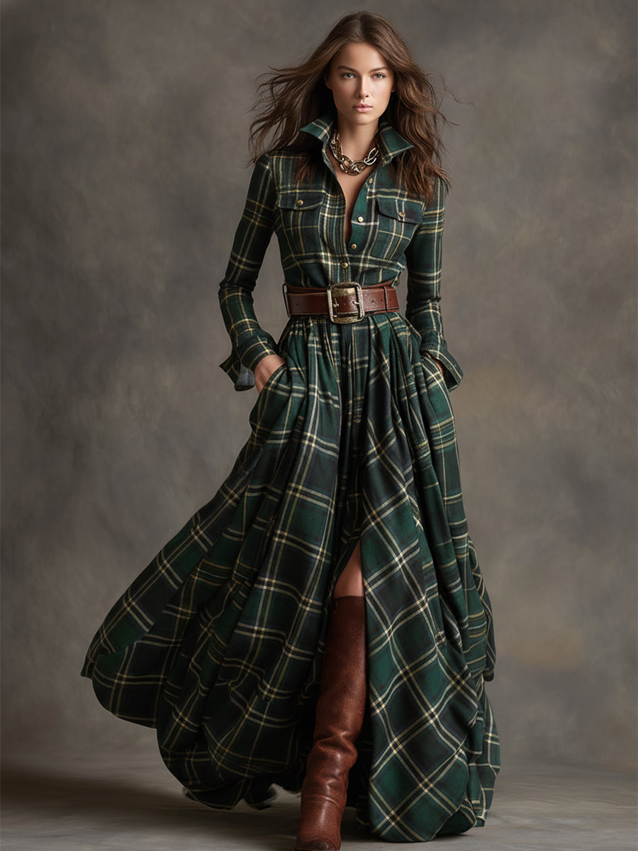 Women's Checked Maxi Dress with Buttons
